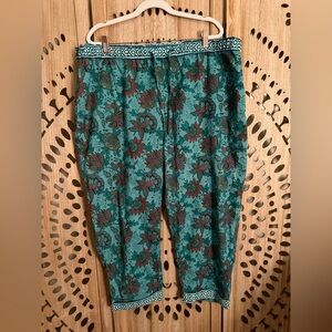 Sundance Leia Teal Floral Boho Cotton Cropped Pants